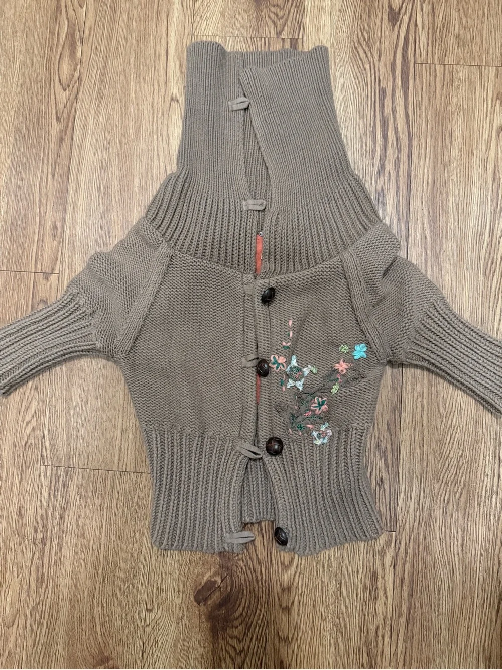Vintage Free People Taupe Chunky Knit Embroidered Cardigan Sweater XS